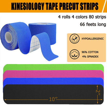 4 Rolls Kinesiology Tape Pro Athletic Sports Tape 80 Precut Strips Sports Waterproof Breathable Latex Free Elastic Sports Tape