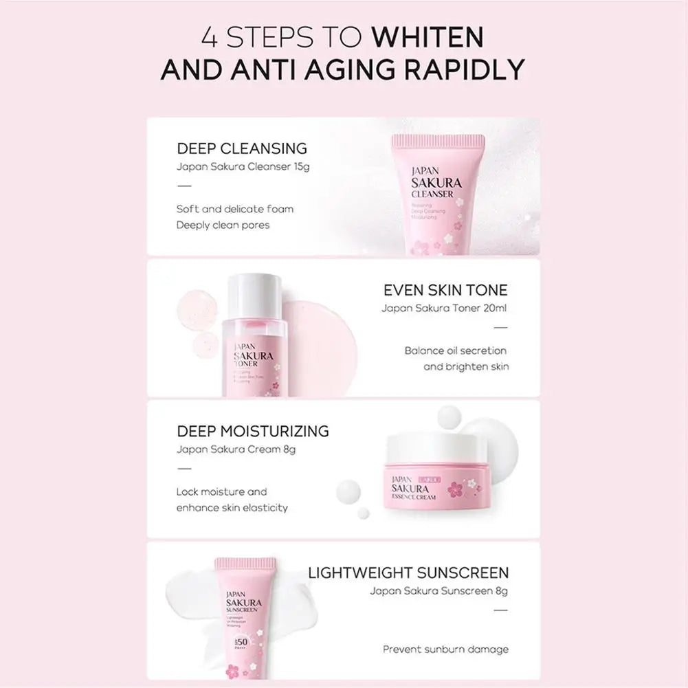4pcs/Bag Sakura Skin Care Sets Facial Cleanser Face Face Toner Sunscreen Moisturizing Smoothing Nourishing Skincare Product