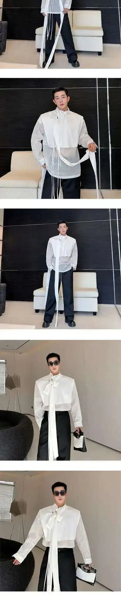 LUZHEN Stylish Personality Ribbon Decorate Translucent Long Sleeve Shirts Men's Elegant 2025 New Stylish Fake Two Piece LZ2413