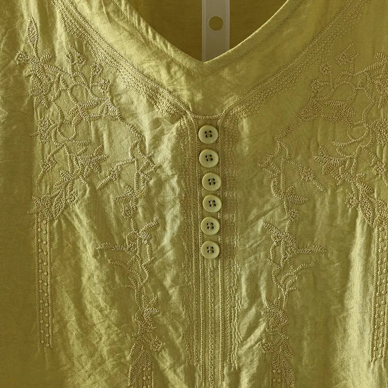 Women Clothing Streetwear Casual Fashion Elegant Cotton Linen Embroidery Vintage Clothes Tops Shirts for Women Tees