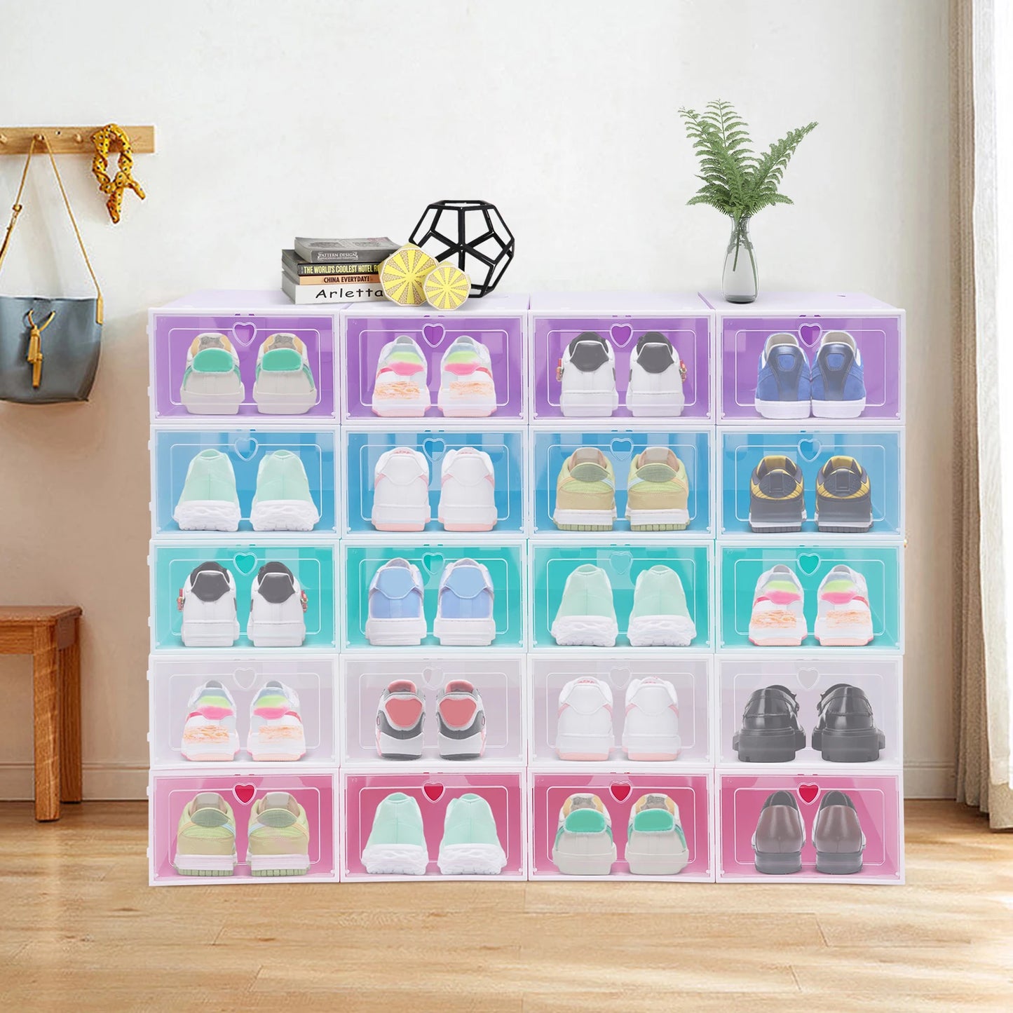 20Pcs Foldable Shoe Storage Boxes with Lids Transparent Stackable Containers Drawer Style PP Plastic Shoe Organizers