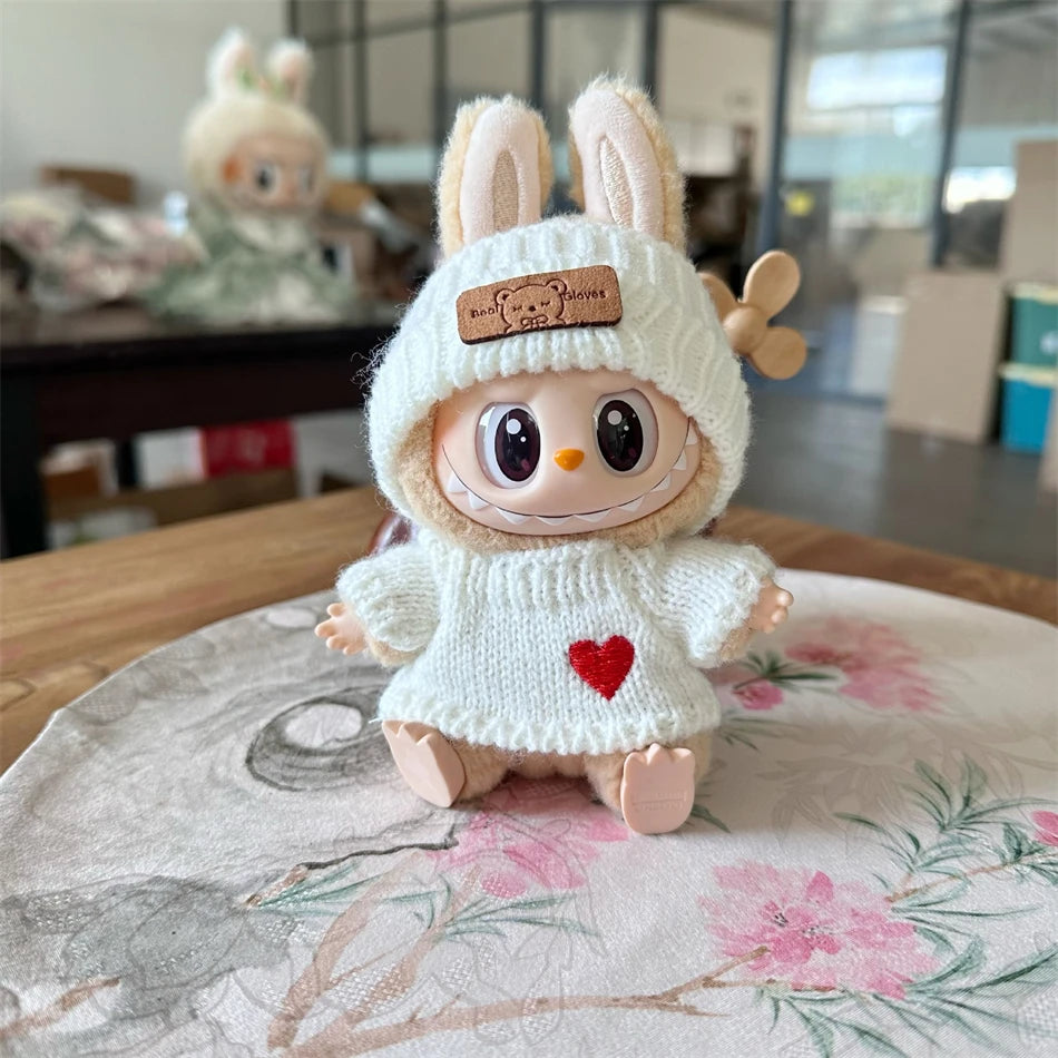 Cute Labubu Bunny Doll Accessories with Knitted Clothes Rabbit Ears Hat Heart Sweater for Toy Collectors Labubu Clothes