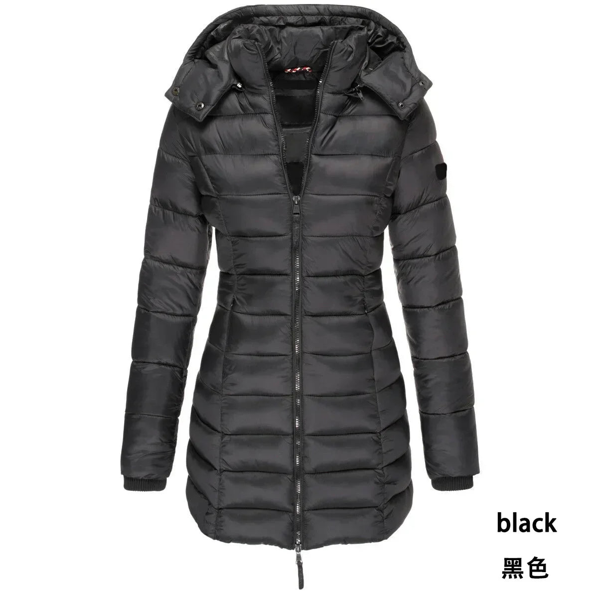Winter Women's Cotton Jacket Medium Length Slim Fitting Cotton Jacket Warm Solid Hooded Cotton Jacket
