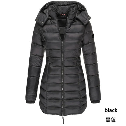Winter Women's Cotton Jacket Medium Length Slim Fitting Cotton Jacket Warm Solid Hooded Cotton Jacket