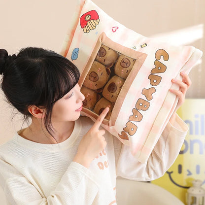 A Plushies Bag Pudding Toys Puff Balls Mini Cute Stuffed Animal Capybara Doll Removable Set Plush Pillow Snack Cushion Kids Gift