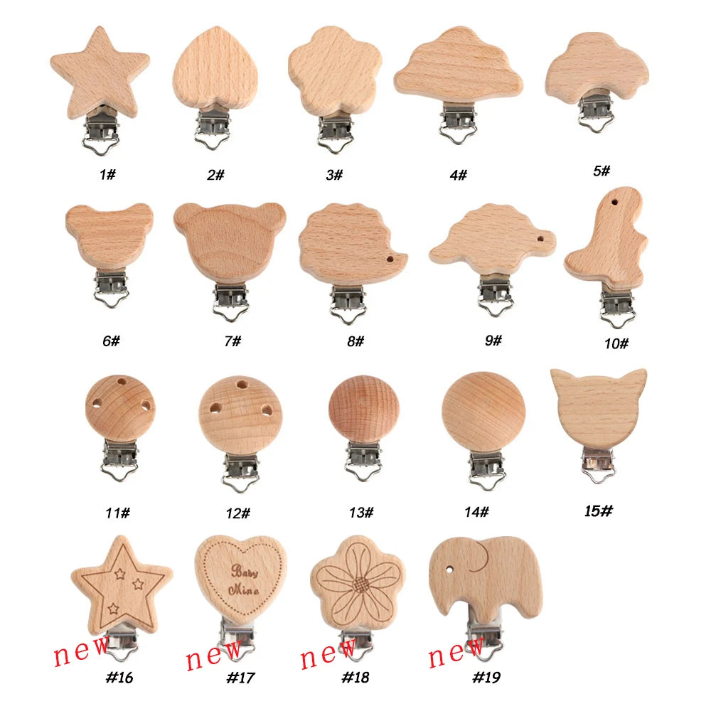 Kovict 5Pcs 19 Styles Beech Wooden Clips Metal Bracket DIY Pacifier Chain Handmade Crafts Accessories