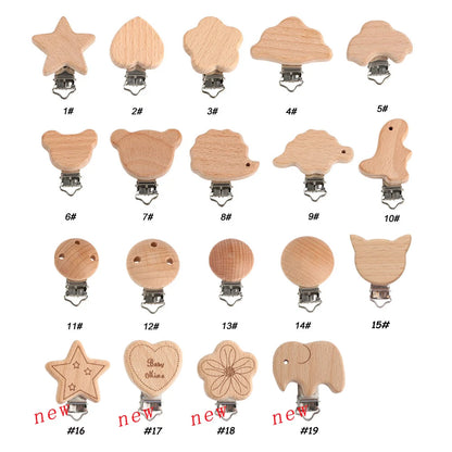 Kovict 5Pcs 19 Styles Beech Wooden Clips Metal Bracket DIY Pacifier Chain Handmade Crafts Accessories