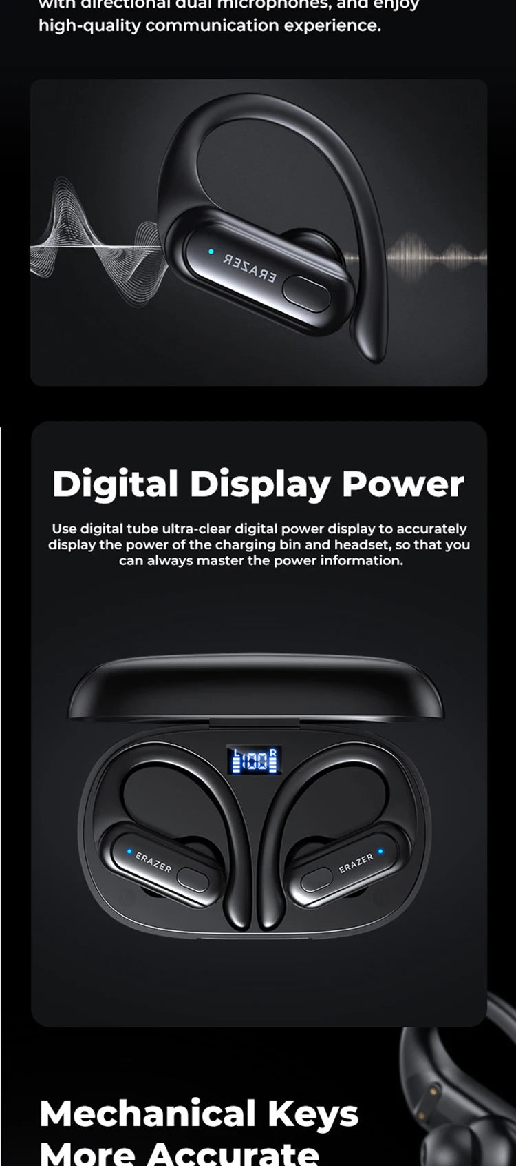 ERAZER XT60PRO Sports Wireless Headphones Bluetooth  Earphones Earbuds Noise Reduction Headset with Mic Earhook