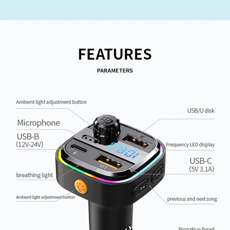 Bluetooth 5.0 FM Transmitter Handsfree Car Radio Modulator MP3 Player With 22.5W USB Super Quick Charge Adapter for Car