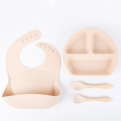 4PCS Silicone Children Tableware Baby Feeding Set Silicone Dinner Plate Wood Handle Spoon Fork Silicone Bibs BPA Free