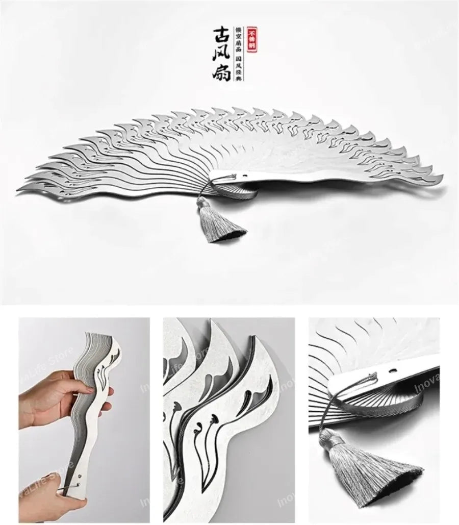 Chinese Fine Metal Antique Fan Hollow Self-Defense Kung Fu Tai Chi Fans Portable Men Stainless Steel Folding Fan Home Decor