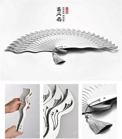 Chinese Fine Metal Antique Fan Hollow Self-Defense Kung Fu Tai Chi Fans Portable Men Stainless Steel Folding Fan Home Decor