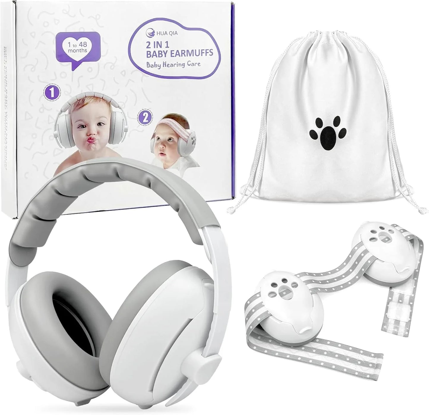 2-in-1 Baby Ear Muffs for Hearing Protection Noise Cancelling Earmuffs for Babies 2 Headbands Travel Essentials for Airplane
