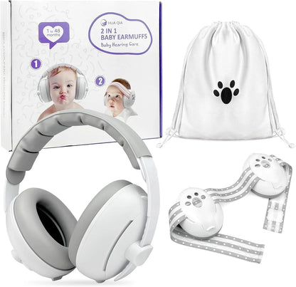 2-in-1 Baby Ear Muffs for Hearing Protection Noise Cancelling Earmuffs for Babies 2 Headbands Travel Essentials for Airplane