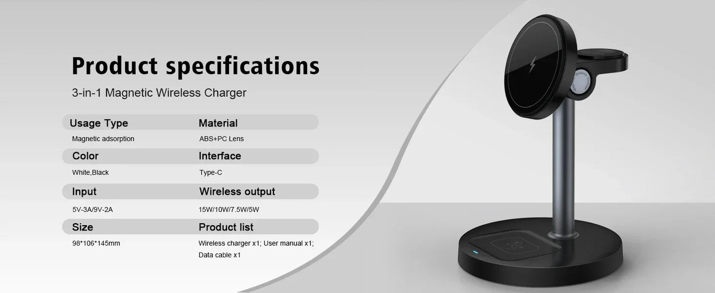 15W 3-in-1 Magnetic Wireless Charging Station For Magsafe iPhone 16 15 14 13 12 iWatch 10-2 SE AirPods Pro 4 Travel Fast Charger