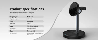 15W 3-in-1 Magnetic Wireless Charging Station For Magsafe iPhone 16 15 14 13 12 iWatch 10-2 SE AirPods Pro 4 Travel Fast Charger