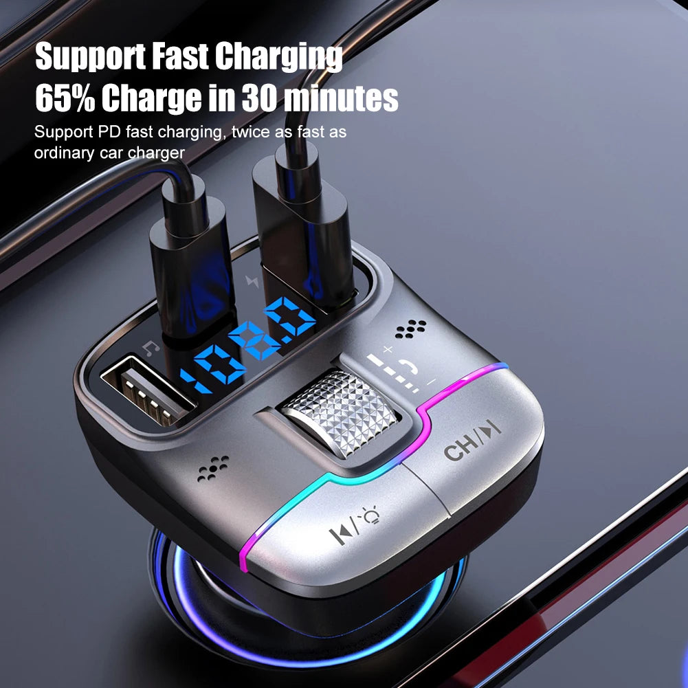 Bluetooth 5.3 Car FM Transmitter Wireless Bluetooth Car Adapter MP3 Player Handsfree Call Dual USB PD Fast Charger Roller Wheel