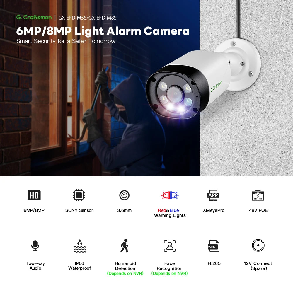 XMeye 6MP 8MP 3.6mm Security POE Audio Red&Blue Warning Lights Onvif Video Surveillance Security