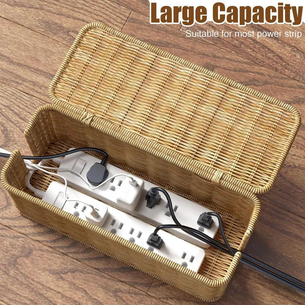 2 Open Slots Cords Power Board Hider Box Rattan Cable Management Box Cable Hider Organizer Breathable Cable Box Organizer