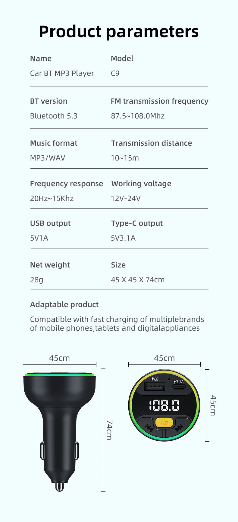 Car FM Transmitter Bluetooth 5.3 Handsfree Wireless Car Kit USB C Car Charger Auto Radio Fm Modulator Mp3 Player Adapter
