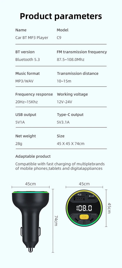 Car FM Transmitter Bluetooth 5.3 Handsfree Wireless Car Kit USB C Car Charger Auto Radio Fm Modulator Mp3 Player Adapter