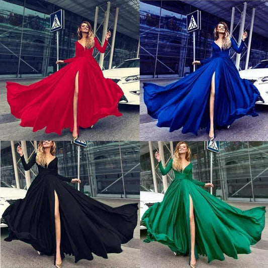 European American Wedding Dresses Wheat Dress Sexy Deep V Long Sleeved Sequined Dress Woman Party Solid Dress Maxi Floor Gowns