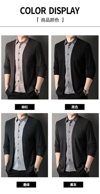 Men's Fake Two Piece Shirt Collar Knitted Cardigan Long Sleeve Shirt Man High Street Fake Two Pieces Button All-match Cardigan