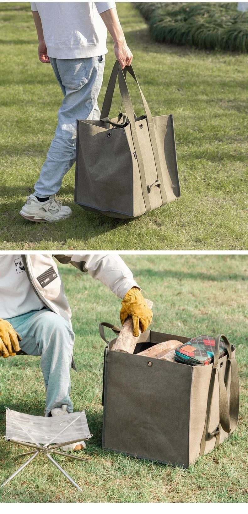 CAMPINGMOON Firewood Storage Bag.Camping Equipment Storage Bag with Double Handles, Shoulder Back, Outdoor Thick Canvas Bag