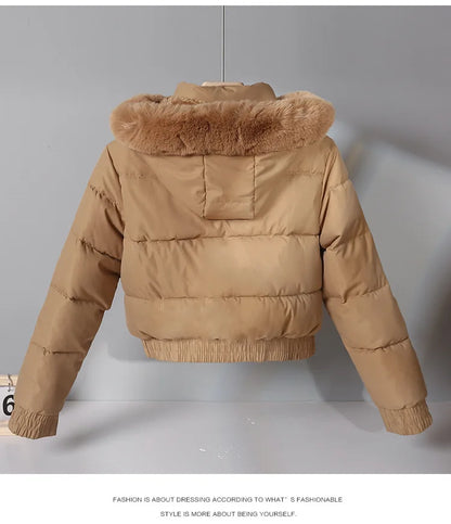 2024 Quilted Hooded Down Jacket Women's Winter Thick Cotton Coat Warm Bakery Coats Big Fur Collar Loose Cotton Coat