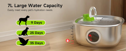 Apetdola 7L/236oz Dog Water Fountain Stainless Steel Dog Water Bowl Automatic Pet Drinker Water Dispenser for Multiple Pets