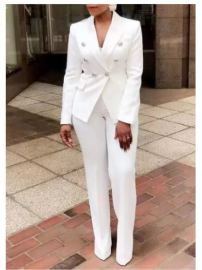 New Office Ladies Two Piece Sets Womens Outifits 2025 Spring Fashion Long Sleeve Double Breasted Blazer Plain Elegant Pants Set