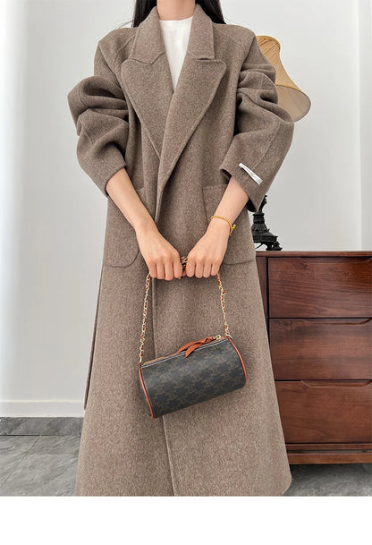 Office Lady Woolen Jackets 2024 Autumn And Winter Bathrobe Style Pocket Double-Sided Loose Lace -Up Tie Women's Long Wool Coats