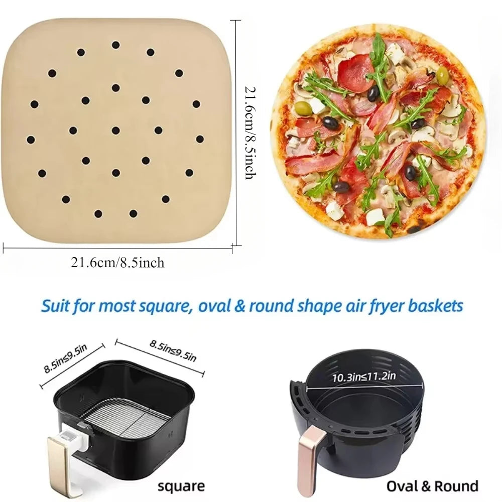 100/Pcs Air Fryer Parchment Paper Liners 23cm Perforated Disposable Air Fryer Liners Square Parchment Paper Kitchen Tools