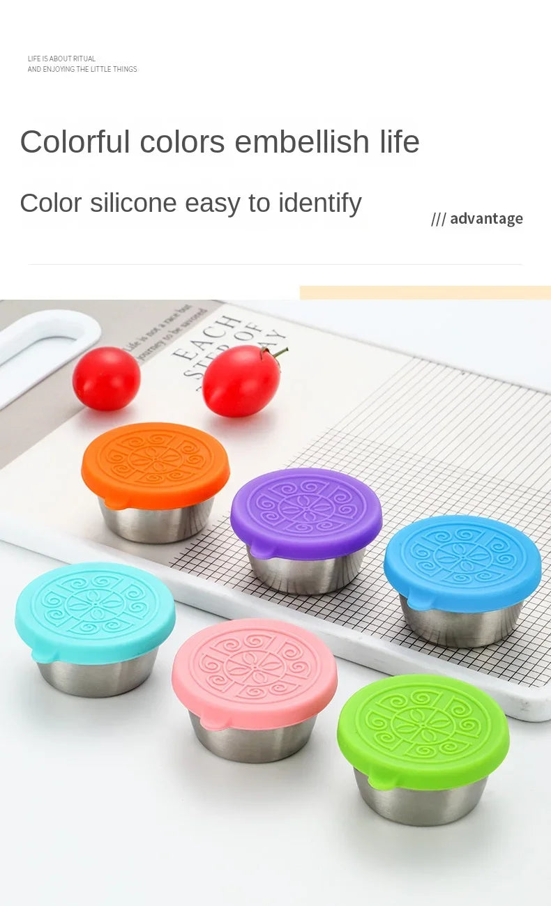 6 Pcs Set Leakproof Stainless Steel Dipping Sauce Cups Food Containers Reusable Salad Dressing Container Silicone Stretch Lids