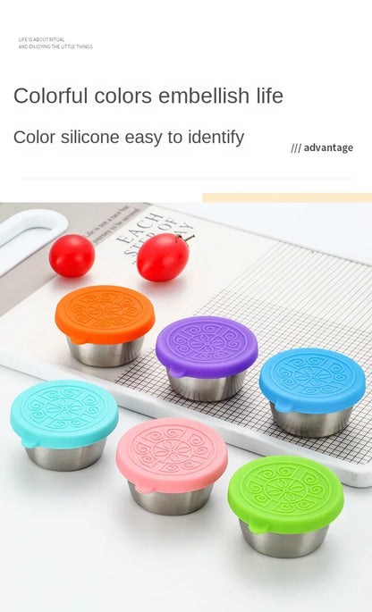 6 Pcs Set Leakproof Stainless Steel Dipping Sauce Cups Food Containers Reusable Salad Dressing Container Silicone Stretch Lids