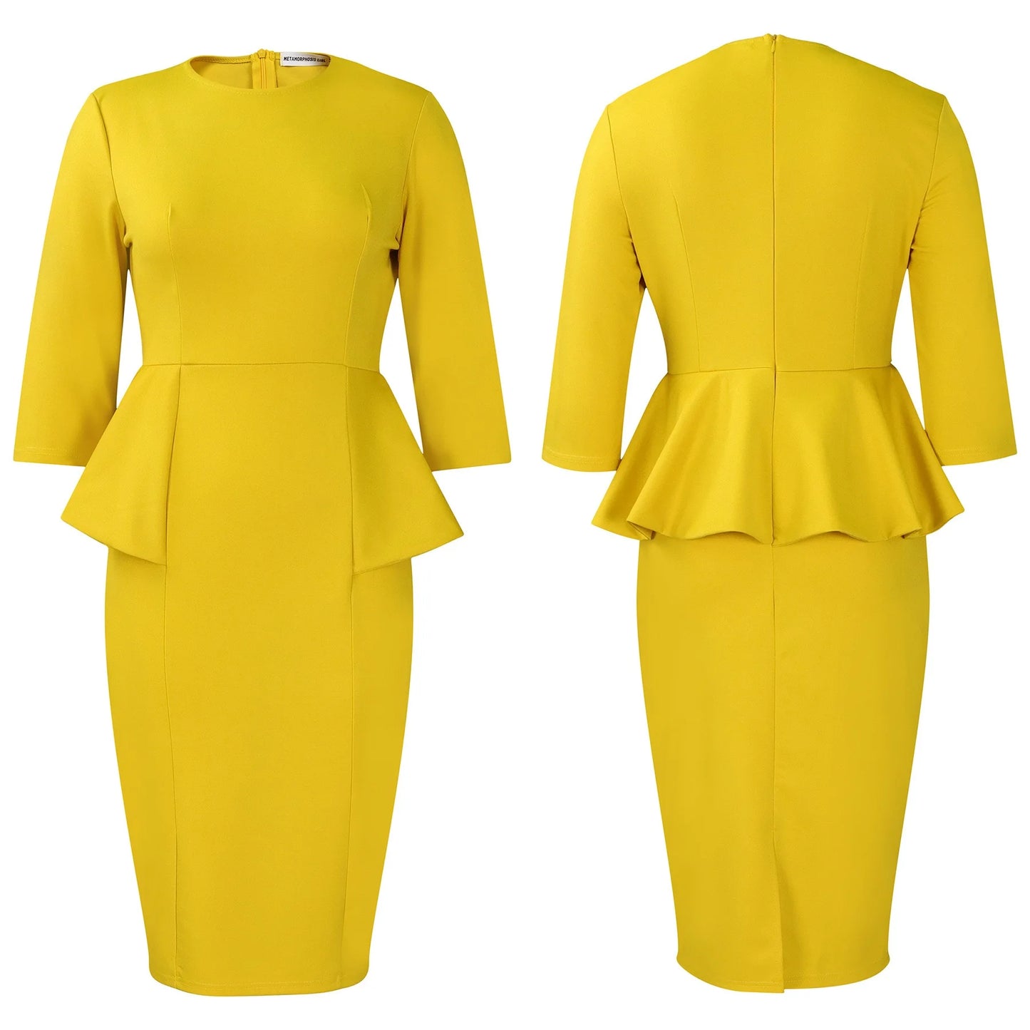 Elegant Office Dresses for Woman O Neck Full Sleeve Sheath Ruffles Package Hips Mid Calf Professional Business Work Dress Midi