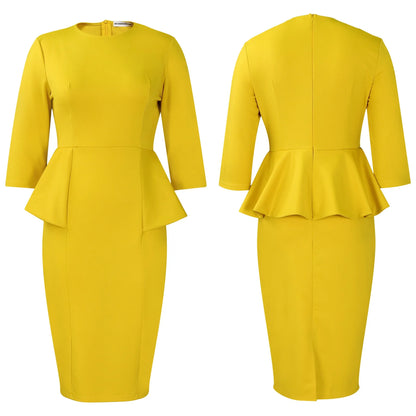 Elegant Office Dresses for Woman O Neck Full Sleeve Sheath Ruffles Package Hips Mid Calf Professional Business Work Dress Midi