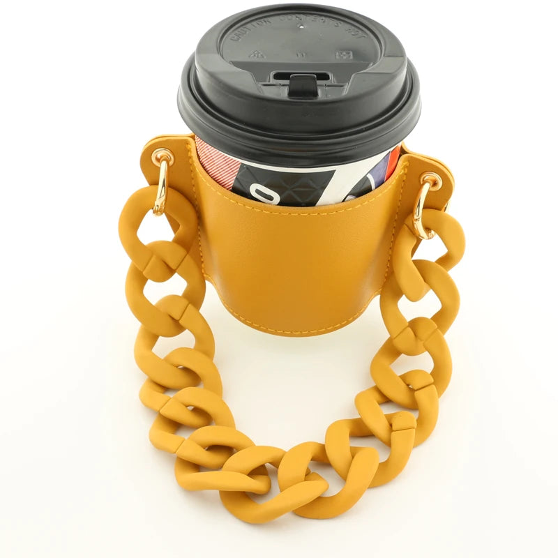 Reusable Leather Cup Coffee Sleeve with Chain Hot Coffee Iced Coffee Sleeve Leather Drink Carrier For Coffee Drinks Coffee Purse