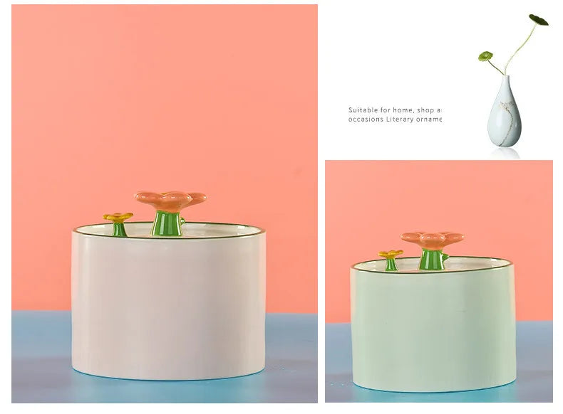 Cat Ceramic Flower Water Fountain Drinking Feeders Pets