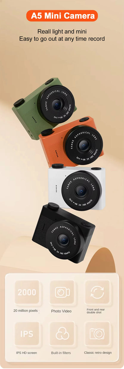 A5 Mini Camera With 1.54in Screen Vintage Camera Front Rear Camera Kids Camera Indoor Home Support TF Card Kids Vlog Camera