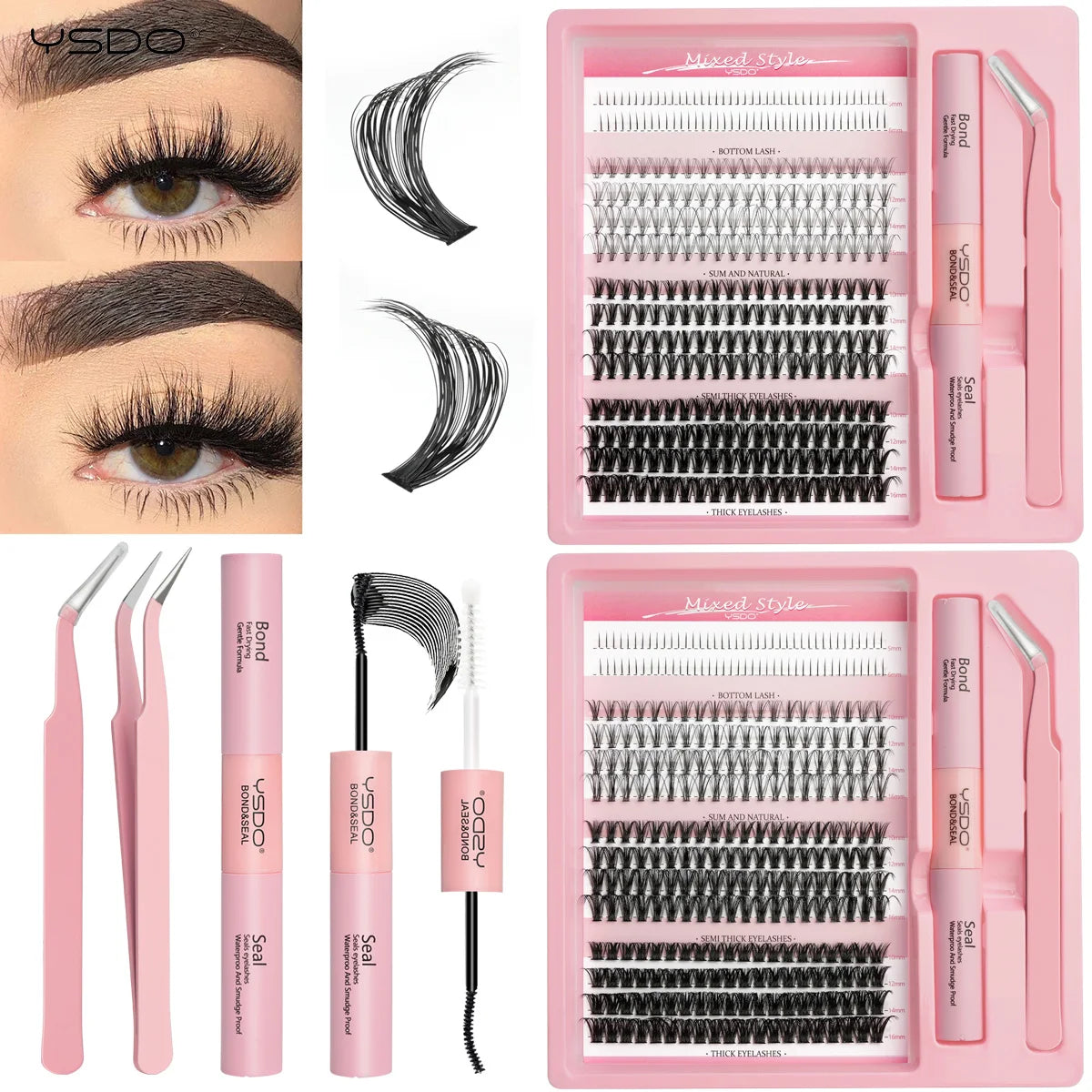 DIY Lash Extension Kit Lash Individual Lashes Clusters8-16mm With Waterproof Lash Bond And Seal Eyelash Tweezers Lash Kit