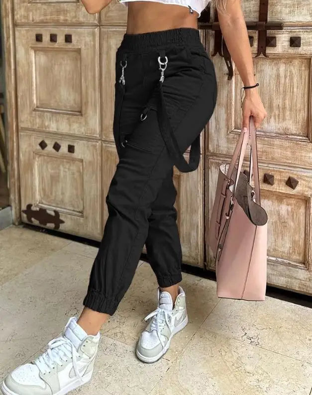 Women's Cargo Pants Casual Trousers 2023 New Solid Color Trend Street Pocket Design Cuff Suspenders Decorative Cargo Pants