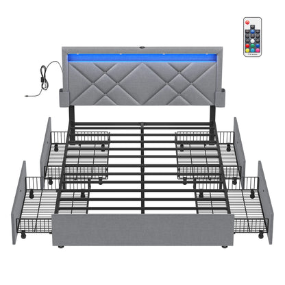 VASAGLE Upholstery bed double bed frame bed frame Metal bed (LED, 4 drawers, charging station