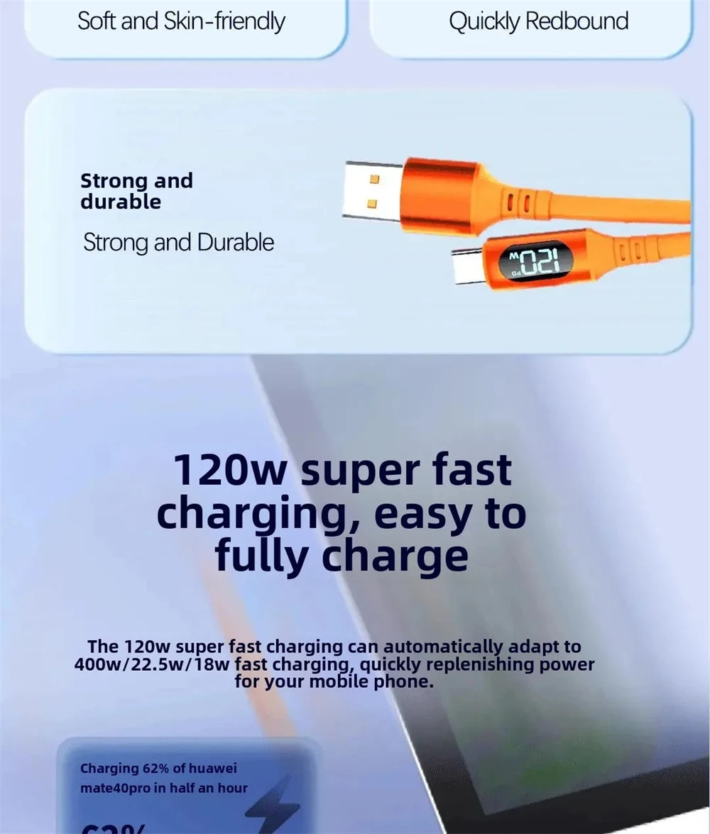 NNBILI 120W 6A Fast Charge USB Type C Quick Charge Cable For Huawei P70 Samsung OnePlus Realme Phone LED Digital Display Cables