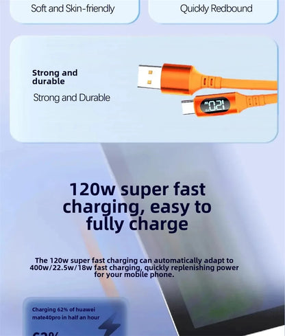 NNBILI 120W 6A Fast Charge USB Type C Quick Charge Cable For Huawei P70 Samsung OnePlus Realme Phone LED Digital Display Cables