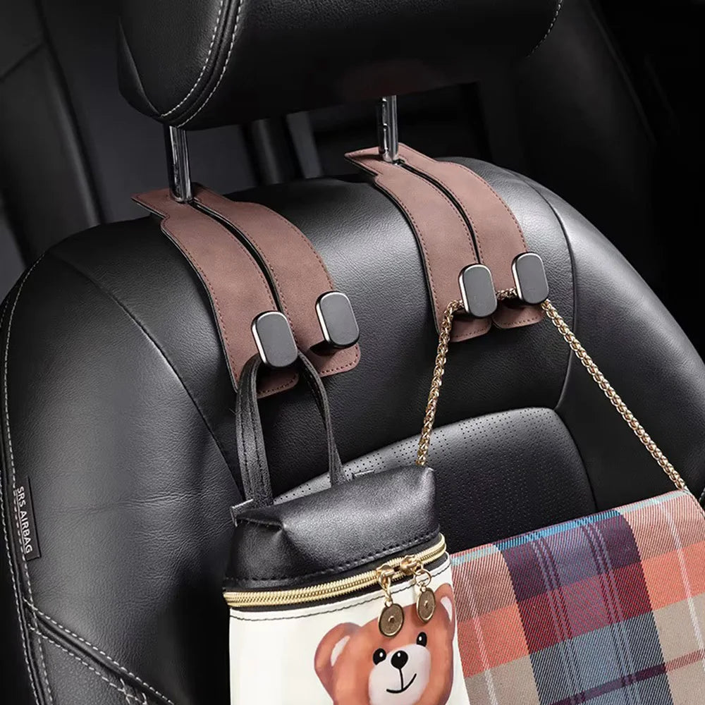 Universal Metal Car Seat Headrest Hook 2 in 1 Soft Leather Car Seat Back Hook for Purse Bag Backpack Double Hook Car Seat Hanger