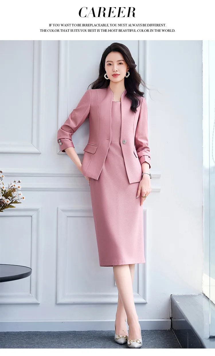 Office Suit Women Collarless Blazer + Vest Dress Set Executive Lady Workwear Elegant 2 Piece Set Long Sleeve Pink Suit Jacket