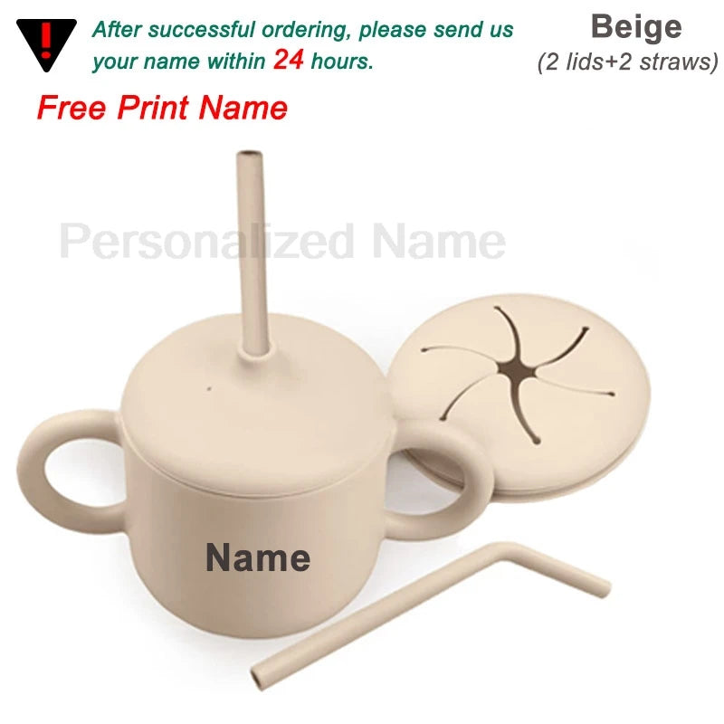 Food Grade Silicone Baby Feeding Cups Personalized Name Children Learn Drinking Cups Sippy Cups Kids Toddlers Straw Water Bottle