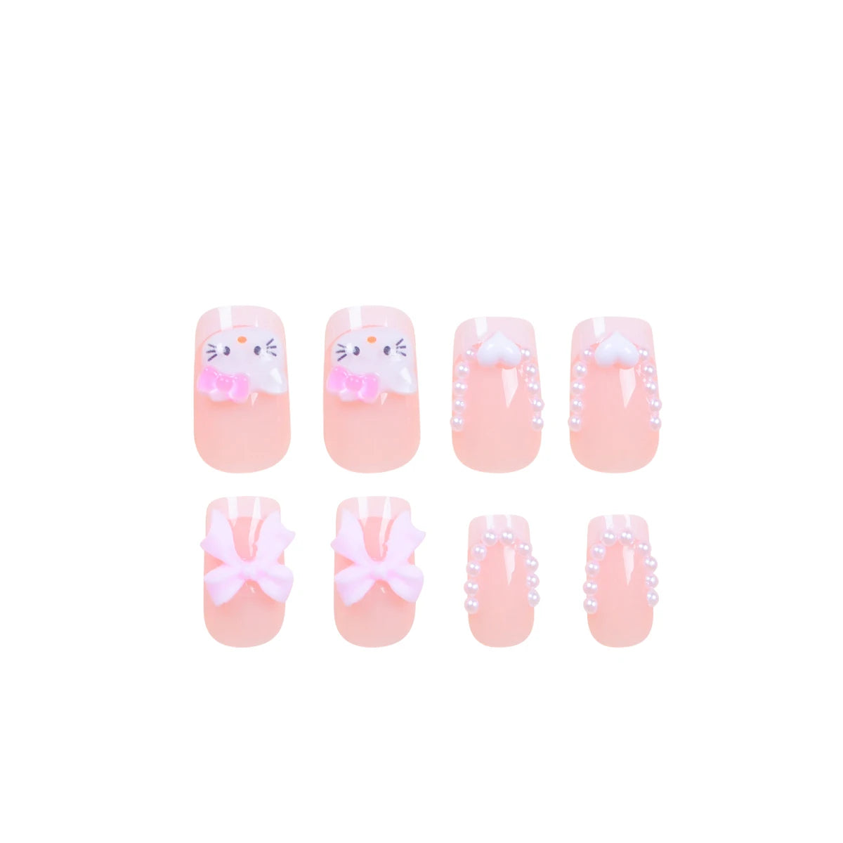 24 Medium Square Nail Pink French Cute Cartoon Cat White Love Camellia Nail Patch Jelly Powder Bow Wear Nail Set