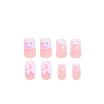 24 Medium Square Nail Pink French Cute Cartoon Cat White Love Camellia Nail Patch Jelly Powder Bow Wear Nail Set